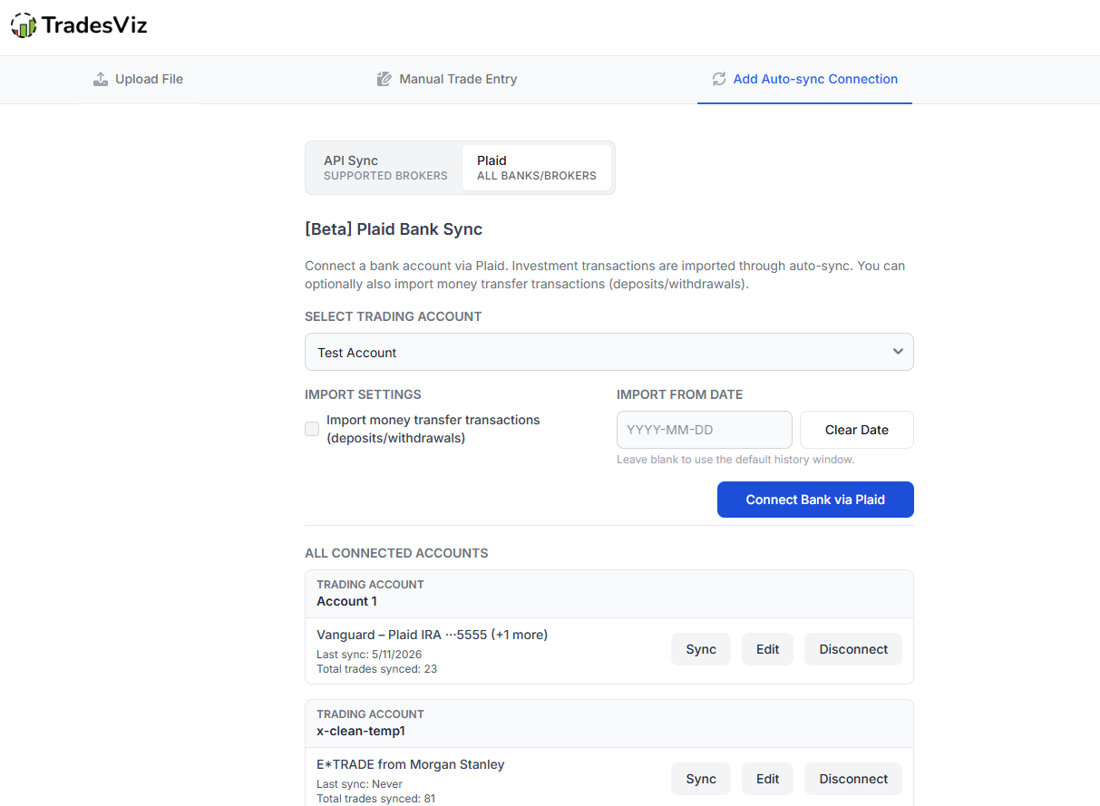 TradesViz Plaid Sync - Connect with bank accounts