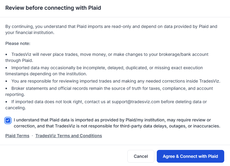 TradesViz Plaid Sync - Terms and disclaimer