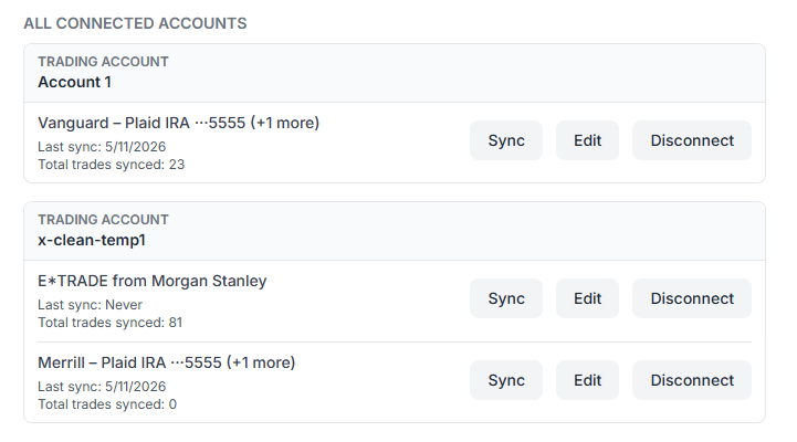 TradesViz Plaid Sync - Accounts list