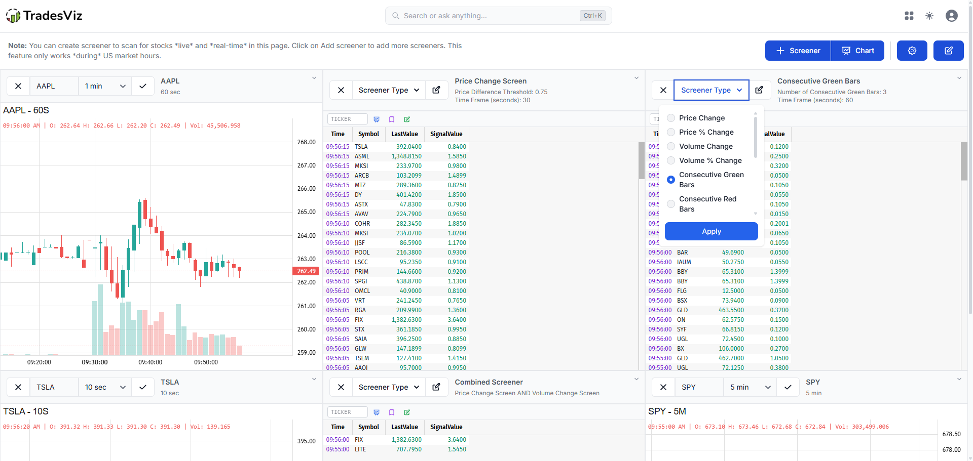 TradesViz Real-Time Stock Screener - Full Dashboard View