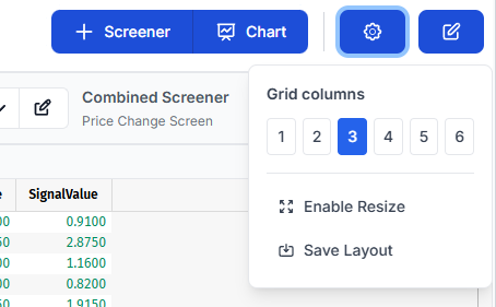 Settings dropdown showing grid columns, resize toggle, and save layout options