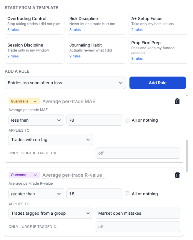 Building a scoped trading rule: no trades tagged from the Mistakes group